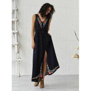So-Cal Trendz | Dresses | Boho Black Floral Embroidery Maxi Dress ...